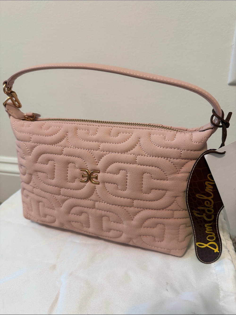 Sam Edelman Quilted Blush Pink Shoulder Bag with Gold Hardware